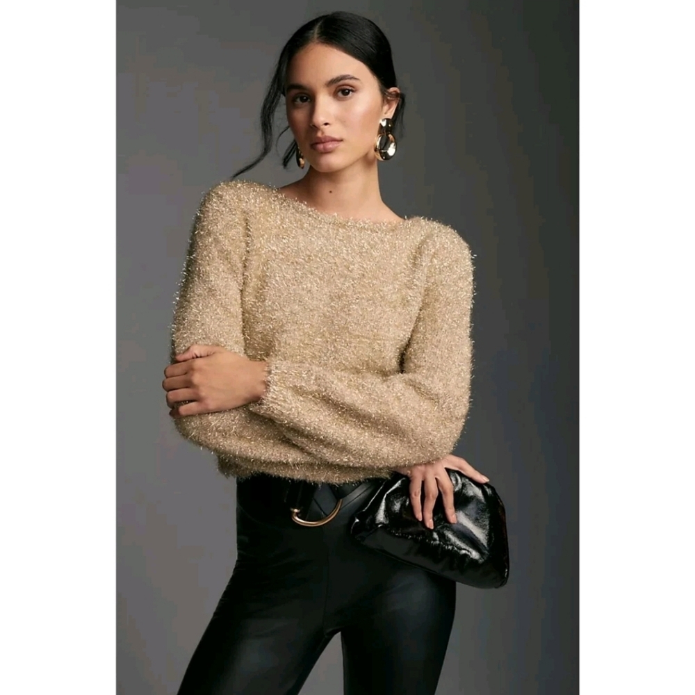 Anthropologie Neutral Beige Gold Crop Puff Sleeve sparkle tinsel Sweater NWT